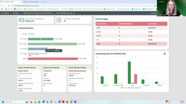 Dashboard with total outstanding, past-due aging, an items-by-step bar chart, and vendor cards; small presenter video in the top-right.