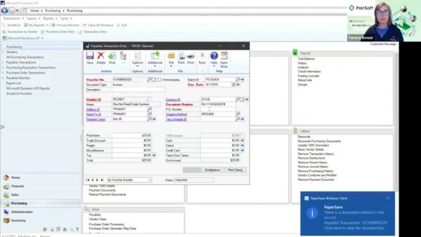 Screenshot of Microsoft Dynamics GP Purchasing: Payables Transaction Entry form with voucher details. (Video chat overlay in corner)