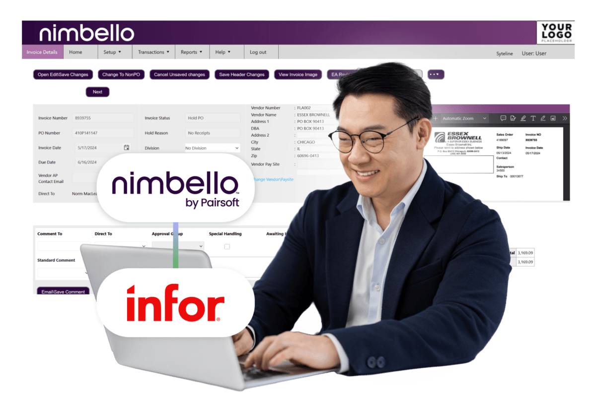 A finance employee uses his laptop for AP automation that integrates with Infor SyteLine