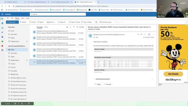 Outlook inbox with left folders, center emails, and a right pane showing a review request email and workflow details; yellow Disney ad on the far right; small video thumbnail top-right.