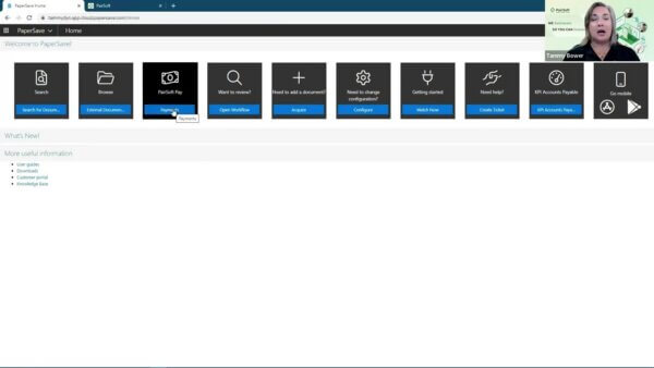 PaperSave home screen with dark action tiles for core actions (Search, Browse, PaiSoft Pay, Review, Add document, Configure, Get started, Help, KPI Accounts Payable, Go mobile) and a small video window in the top-right corner.