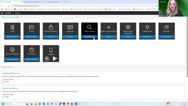 PairSoft home dashboard with square tiles for Search, Browse, Procurement, Payments, Open Workflow, Acquire, Configure, Watch Now, Create Ticket; video call thumbnail in top-right showing a woman.