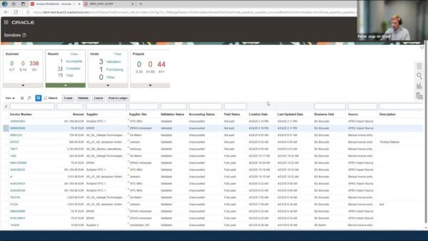 Screenshot of Oracle Invoices dashboard with summary tiles and a long invoice list; video call window shows a presenter in the corner