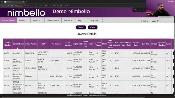 Demo Nimbello invoice details page showing a table of vendor, invoice number, total amount, dates and status.