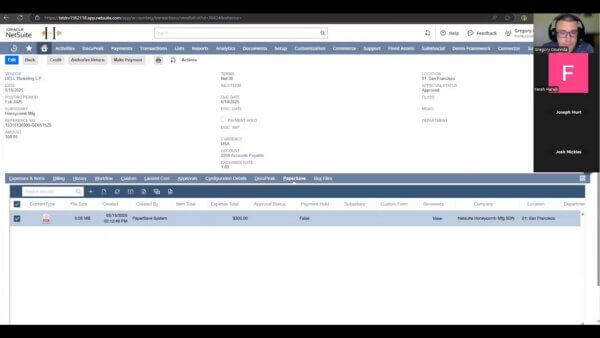 Screenshot of Oracle NetSuite interface showing a vendor transaction with PaperSave details and a video call panel on the right