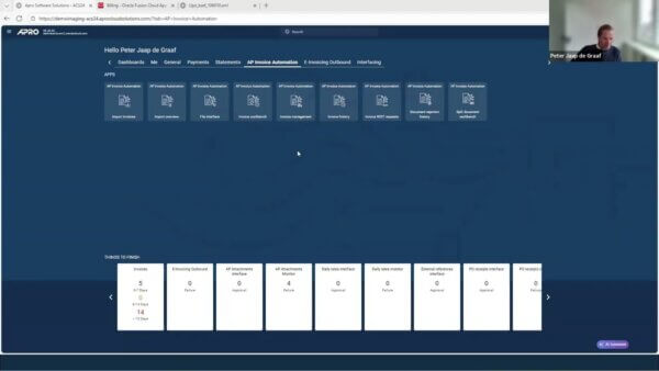 Dashboard screen of AP Invoice Automation showing navigation tabs, a greeting 