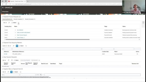 Oracle Fusion Cloud Payments Overview: list of payment process requests with stage and status columns, plus a presenter in a video call tile in the top-right corner.